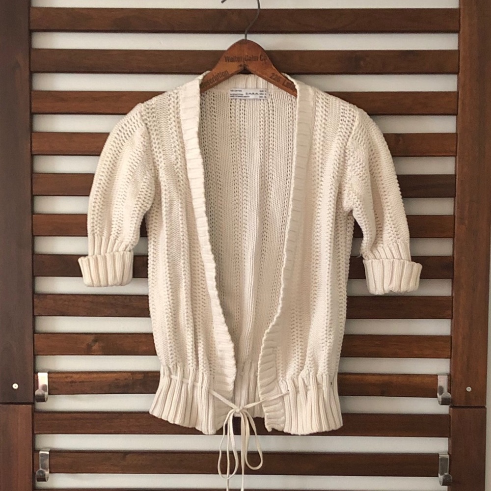 ZARA-Textured Knit Cardigan, Mid Sleeve, Self-bow